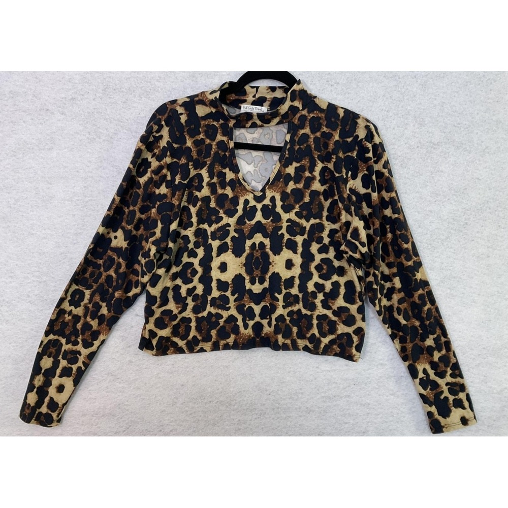 Full Circle Trends Blouse Womens 1X Brown Leopard Mock Neck Long‎ Sleeve Crop